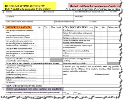 Wzór duńskiego swiadectwa zdrowia dla Marynarzy