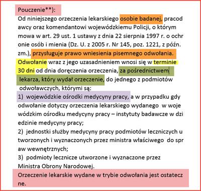 Pouczenie o możliwości odwołania od orzeczenia pracownika ochrony