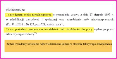 Oświadczenie o niepełnosprawności oraz inwalidztwie pracownika ochrony